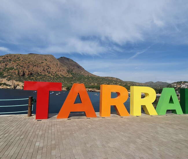 Schriftzug TARRAFAL in Regenbogenfarben