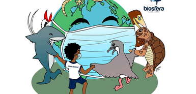 Tiere und ein Kapverdier tanzen um die Welt, die einen Mundschutz trägt