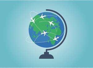 Gezeichneter Globus mit kleinen weißen Flugzeugen die um den Globus fliegen